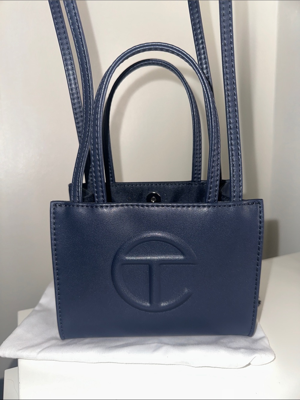 Telfar Mini Shopper in Navy Blue with Signature Logo